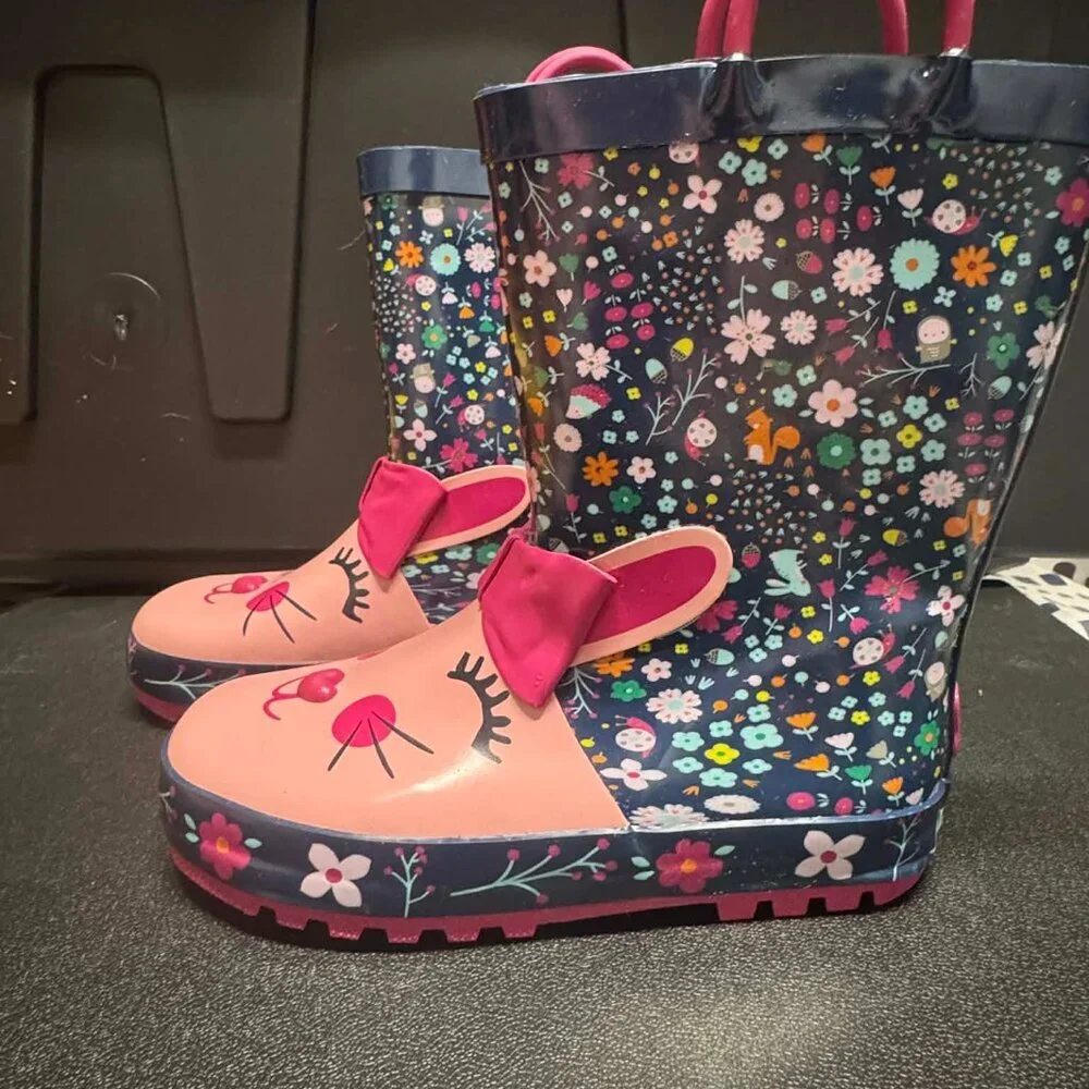 Toddler Bunny Rain Boots Pink Floral Waterproof Rubber Shoes Size 3